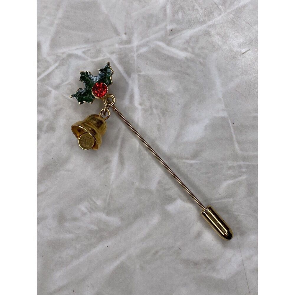 Holiday Brooch Stick Pin Christmas Bells Gold Red Rhinestone Green Enamel J16